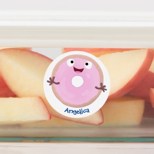 Cute happy pink glazed donut cartoon labels