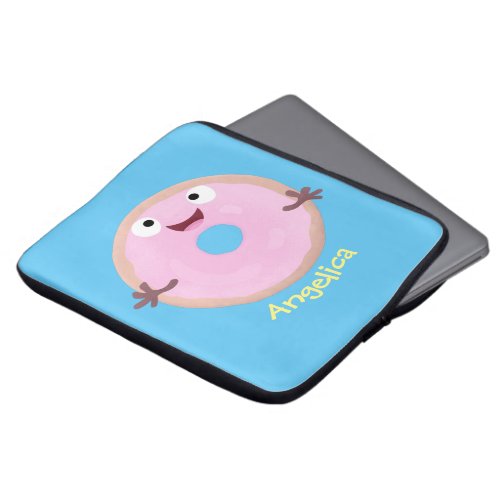 Cute happy pink glazed donut cartoon laptop sleeve