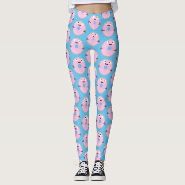 Cute happy pink glazed donut cartoon leggings (Front)