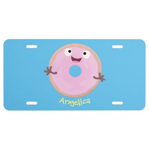 Cute happy pink glazed donut cartoon license plate