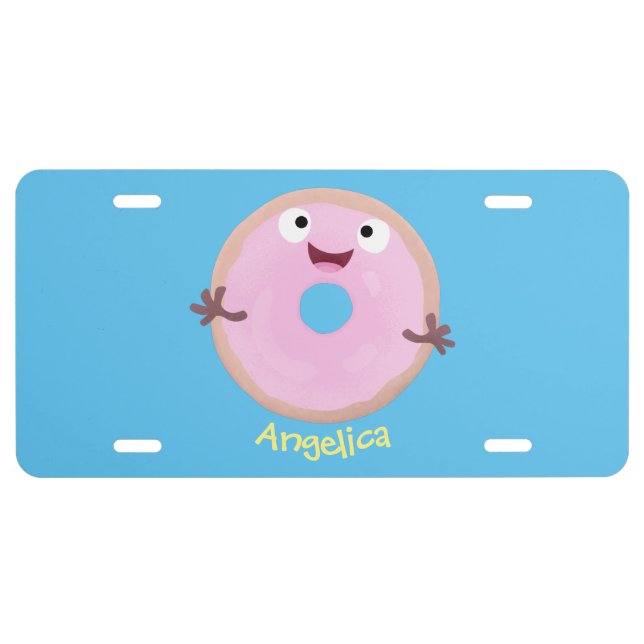 Cute happy pink glazed donut cartoon license plate (Front)