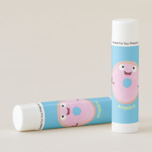 Cute happy pink glazed donut cartoon lip balm