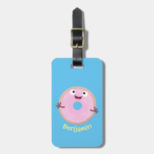 Cute happy pink glazed donut cartoon luggage tag