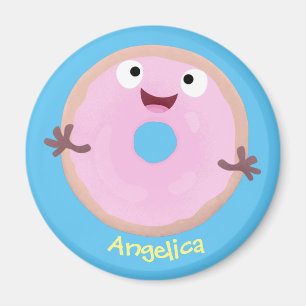 Cute happy pink glazed donut cartoon magnet