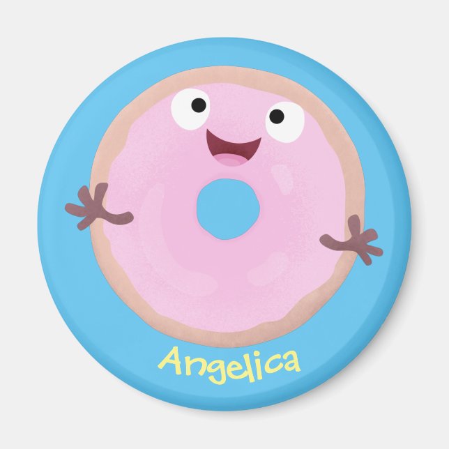 Cute happy pink glazed donut cartoon magnet (Front)
