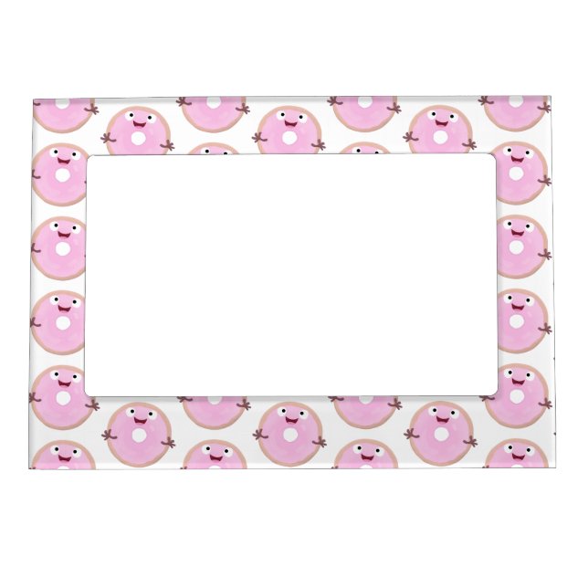 Cute happy pink glazed donut cartoon magnetic frame (Front)