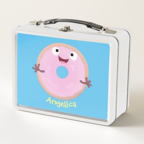 Cute happy pink glazed donut cartoon metal lunch box