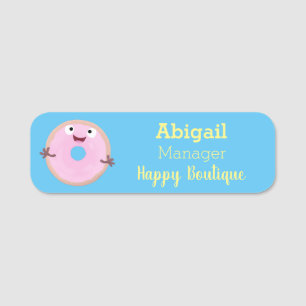 Cute happy pink glazed donut cartoon name tag