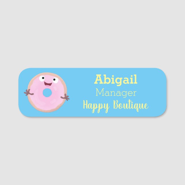 Cute happy pink glazed donut cartoon name tag (Front)