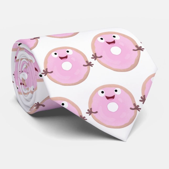 Cute happy pink glazed donut cartoon neck tie (Rolled)