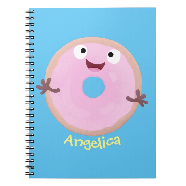 Cute happy pink glazed donut cartoon notebook (Front)