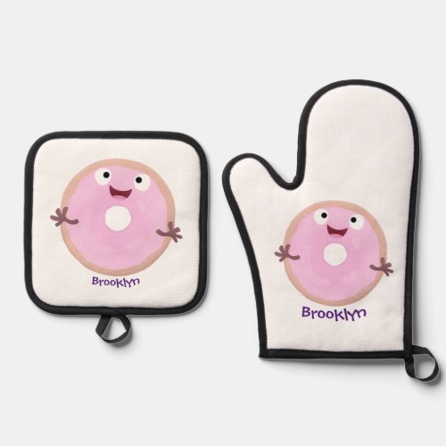 Cute happy pink glazed donut cartoon oven mitt  pot holder set