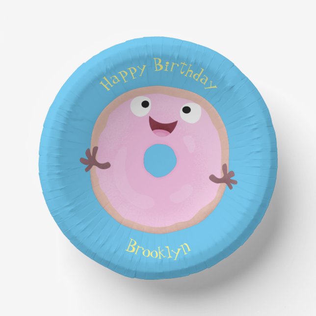 Cute happy pink glazed donut cartoon paper bowls (Front)