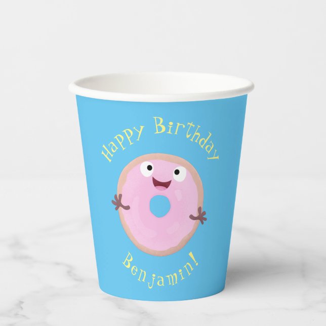 Cute happy pink glazed donut cartoon paper cups (Front)