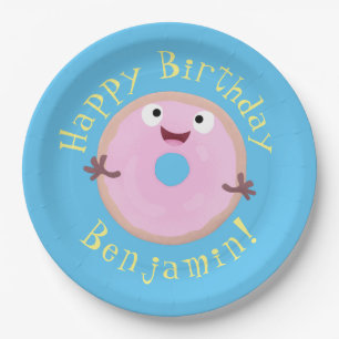 Cute happy pink glazed donut cartoon paper plates