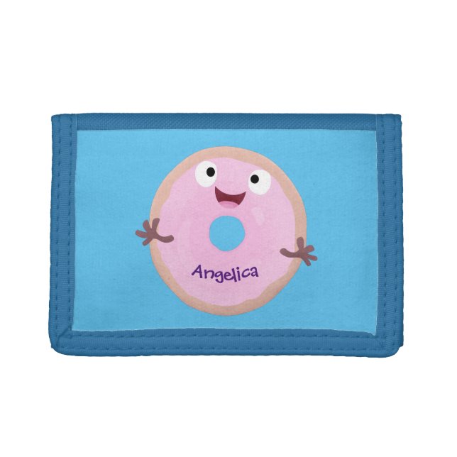 Cute happy pink glazed donut cartoon personalized trifold wallet (Front)