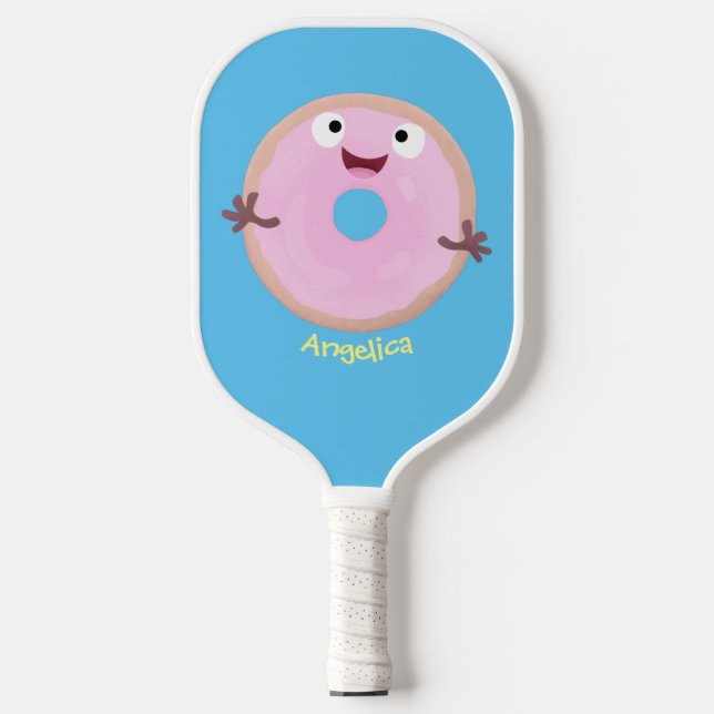 Cute happy pink glazed donut cartoon  pickleball paddle (Front)
