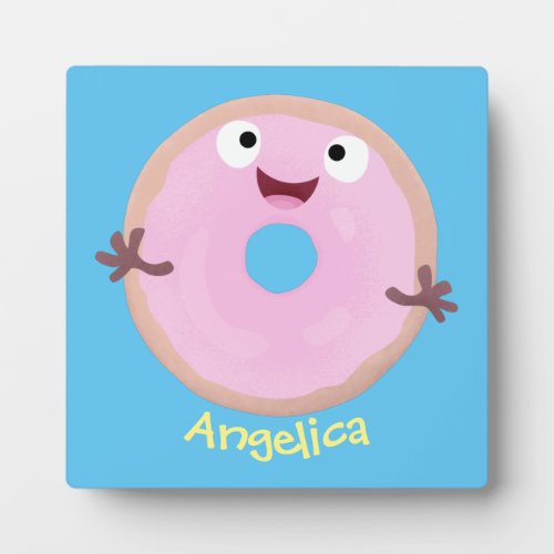Cute happy pink glazed donut cartoon plaque