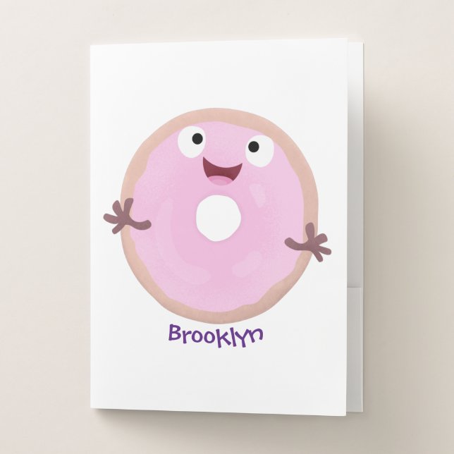 Cute happy pink glazed donut cartoon  pocket folder (Front)