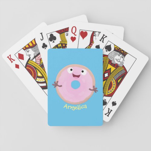 Cute happy pink glazed donut cartoon poker cards