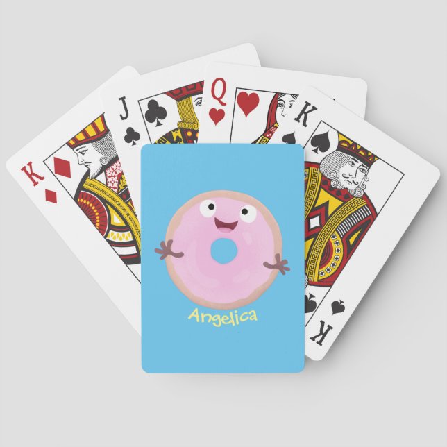 Cute happy pink glazed donut cartoon poker cards (Back)