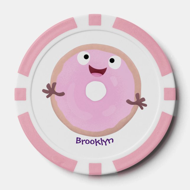 Cute happy pink glazed donut cartoon poker chips (Front)