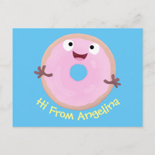 Cute happy pink glazed donut cartoon postcard