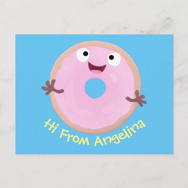 Cute happy pink glazed donut cartoon postcard (Front)