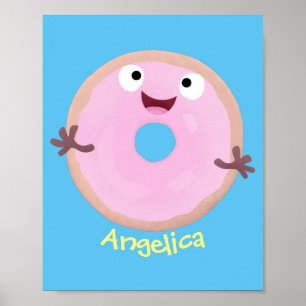 Cute happy pink glazed donut cartoon poster