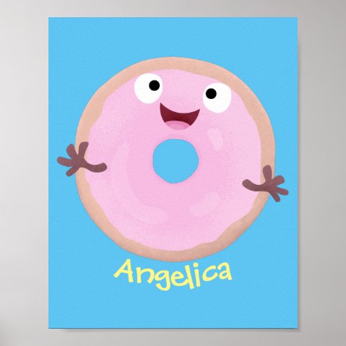 Cute happy pink glazed donut cartoon poster