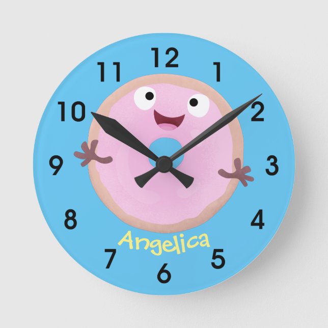 Cute happy pink glazed donut cartoon round clock (Front)