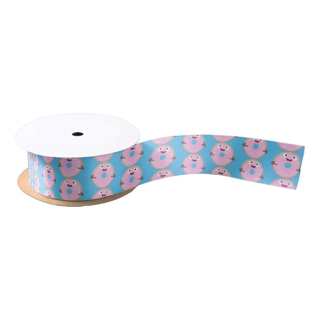 Cute happy pink glazed donut cartoon satin ribbon (Spool)