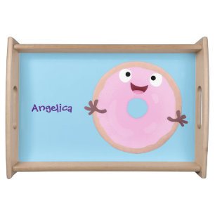 Cute happy pink glazed donut cartoon serving tray