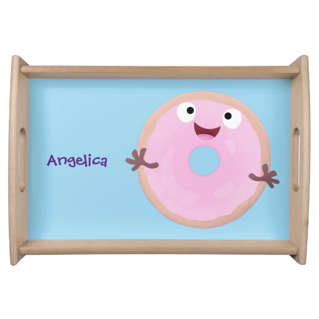 Cute happy pink glazed donut cartoon serving tray (Front)