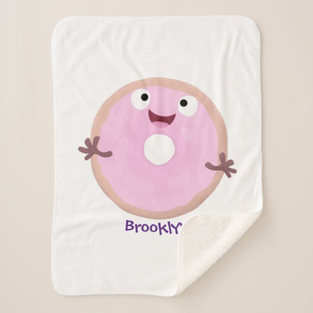 Cute happy pink glazed donut cartoon sherpa blanket (Front)