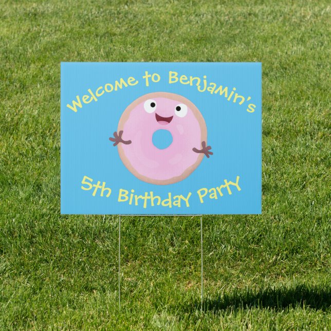 Cute happy pink glazed donut cartoon sign (Insitu)