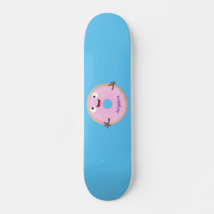 Cute happy pink glazed donut cartoon skateboard