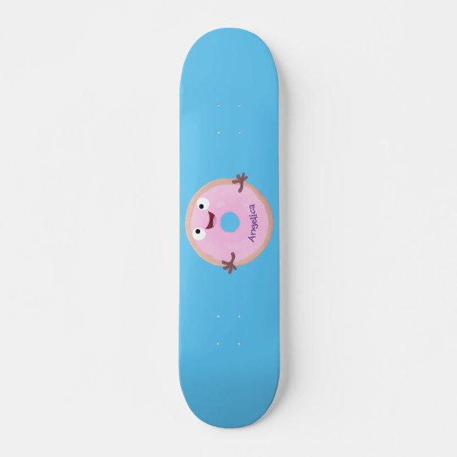 Cute happy pink glazed donut cartoon skateboard (Front)