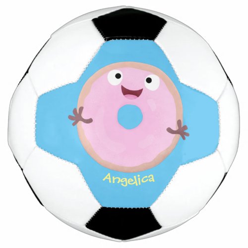 Cute happy pink glazed donut cartoon  soccer ball