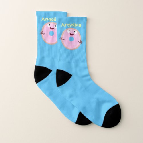 Cute happy pink glazed donut cartoon socks