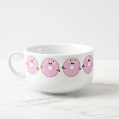 Cute happy pink glazed donut cartoon soup mug