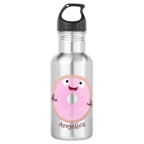 Cute happy pink glazed donut cartoon stainless steel water bottle