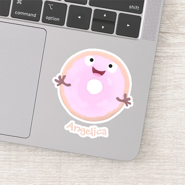 Cute happy pink glazed donut cartoon sticker (Detail)