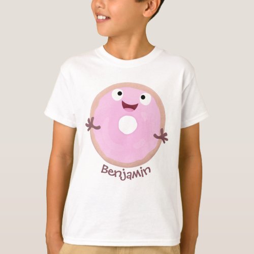Cute happy pink glazed donut cartoon T_Shirt