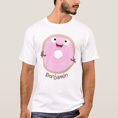 Cute happy pink glazed donut cartoon T_Shirt