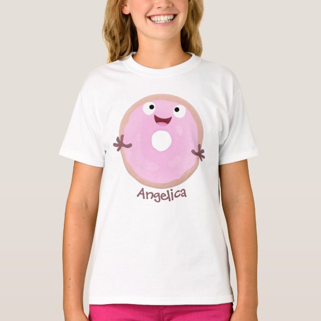 Cute happy pink glazed donut cartoon T-Shirt (Front)