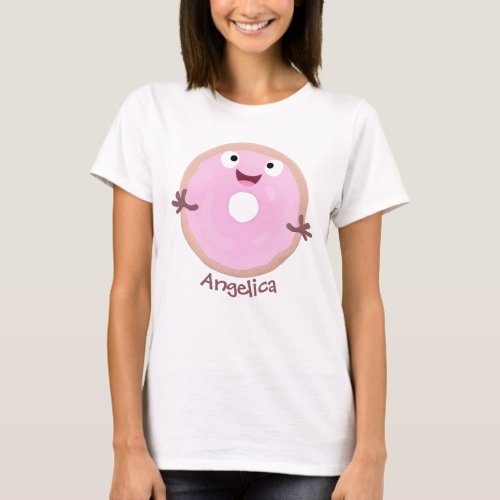 Cute happy pink glazed donut cartoon T_Shirt