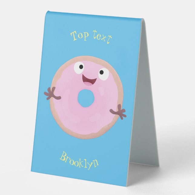 Cute happy pink glazed donut cartoon table tent (Front)
