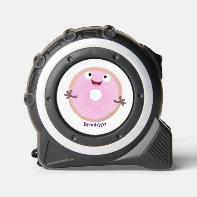 Cute happy pink glazed donut cartoon tape measure (Front)