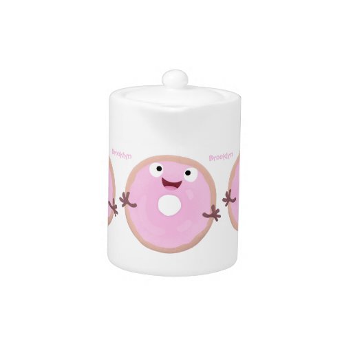 Cute happy pink glazed donut cartoon teapot